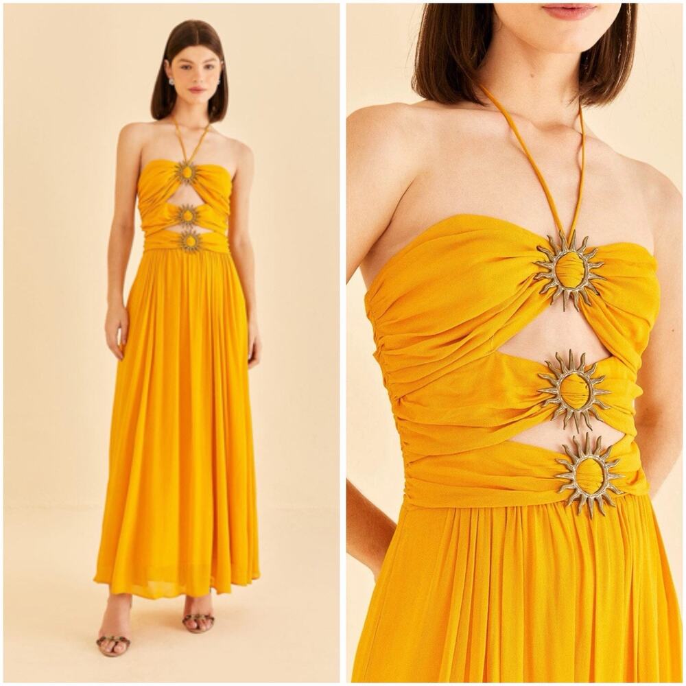 Farm Rio Yellow Sun Buckle Cutout Halter Maxi Dress Size XL Viscose